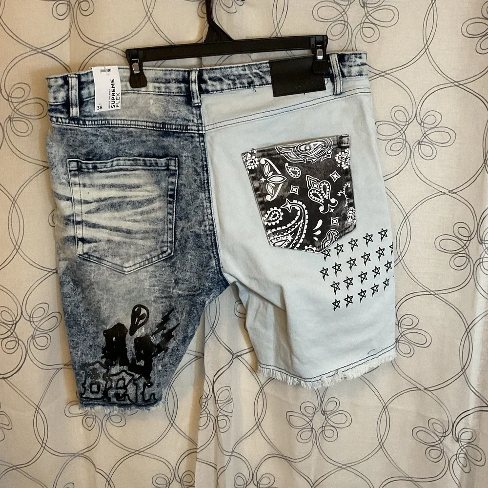 Rue 21 Premium Denim Mens Jean Shorts Patchwork Supreme Flex Graffiti Size 30 - Picture 2 of 7